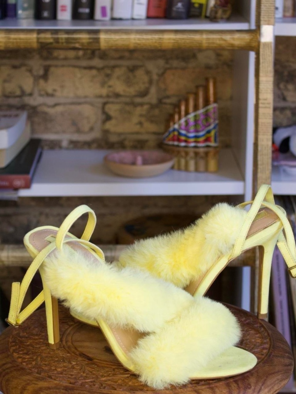 Forever 21 Yellow Faux Fur Strappy Heels — Size 9